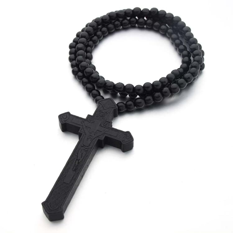 Collana con perline di legno incise al laser a forma di croce, colore: nero - Immagine 1