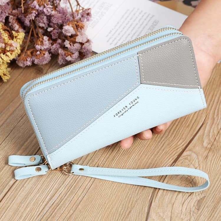 Double Zipper Lady Long Purse Splicing Coin Phone Bag(Blue) - Immagine 1