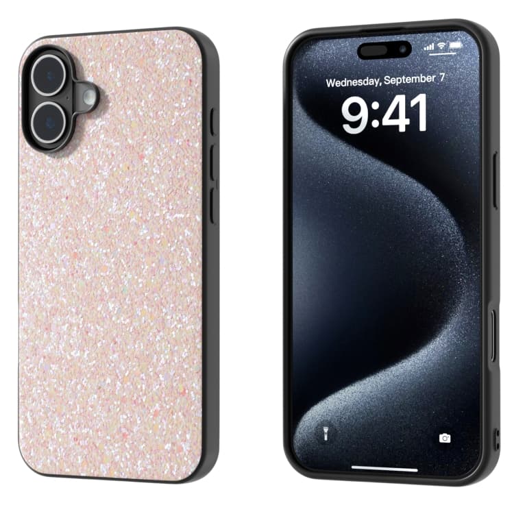 For iPhone 16 Black Frame Colorful Glitter Phone Case(Pink) - Immagine 1
