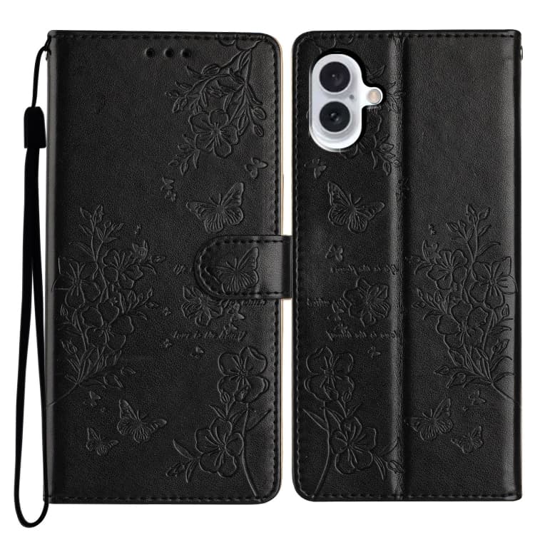 For iPhone 16 Butterflies and Flowers Leather Phone Case(Black) - Immagine 1