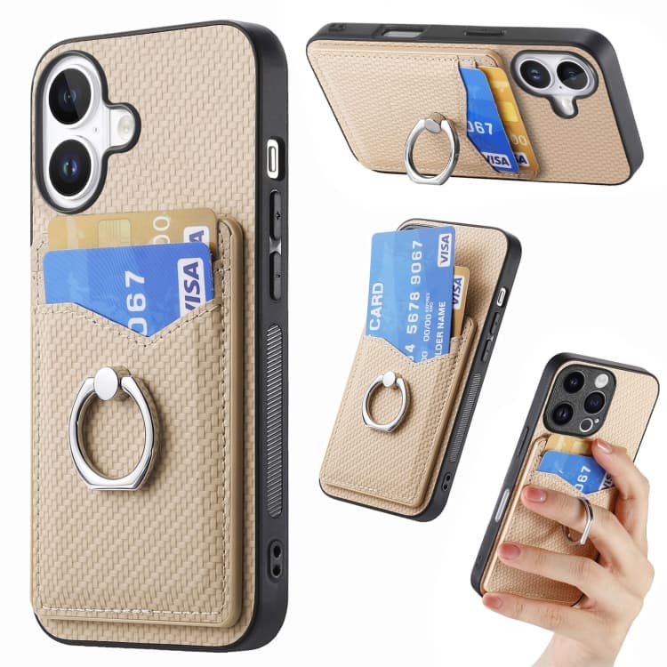For iPhone 16 Carbon Fiber Card Wallet Ring Phone Case(Khaki) - Immagine 1