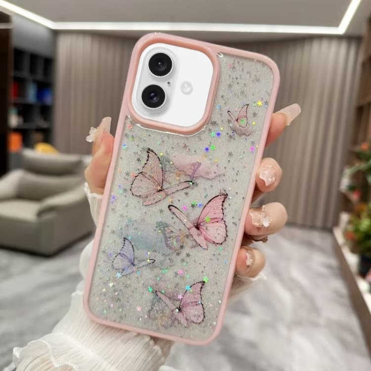 For iPhone 16 Color Butterfly Glitter Epoxy TPU Phone Case(Pink) - Immagine 1