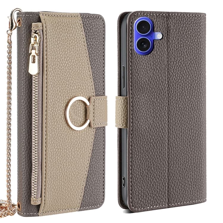 For iPhone 16 Crossbody Litchi Texture Leather Phone Case(Grey) - Immagine 1