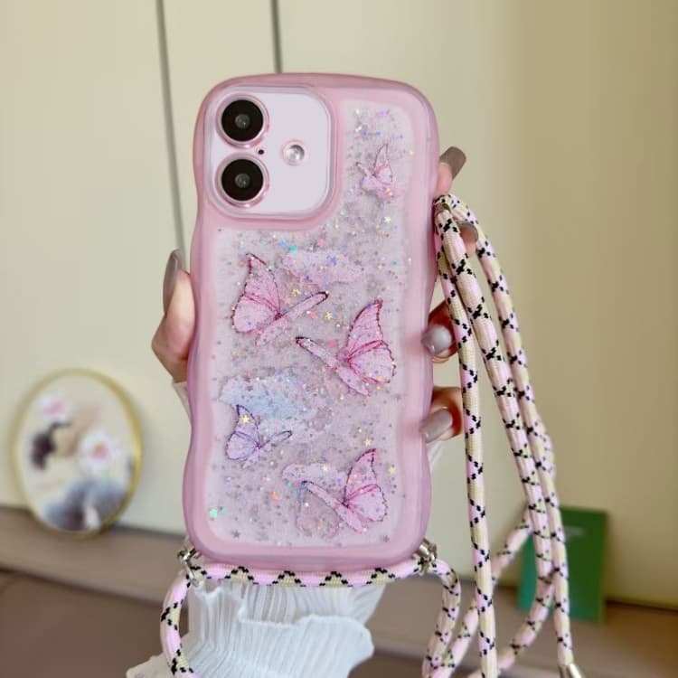 For iPhone 16 Crossbody Wave Edge Butterfly TPU Phone Case(Pink) - Immagine 1