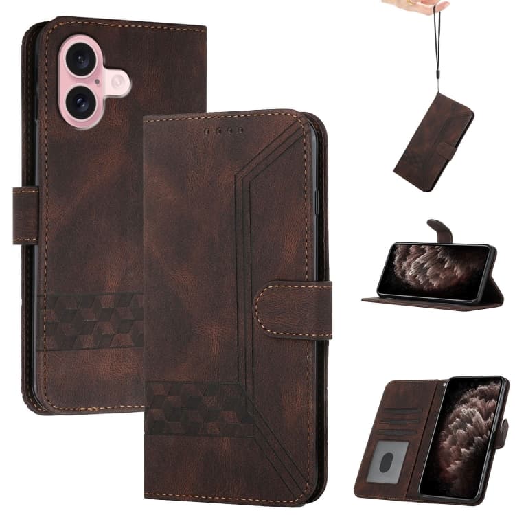 For iPhone 16 Cubic Skin Feel Flip Leather Phone Case(Brown) - Immagine 1