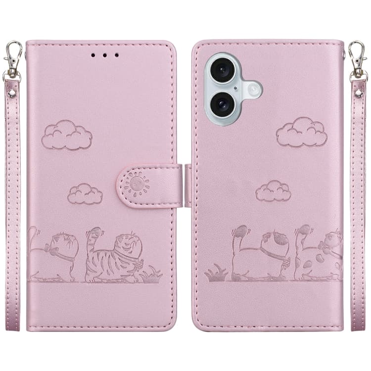 For iPhone 16 Cute Cats RFID Leather Phone Case(Rose Gold) - Immagine 1