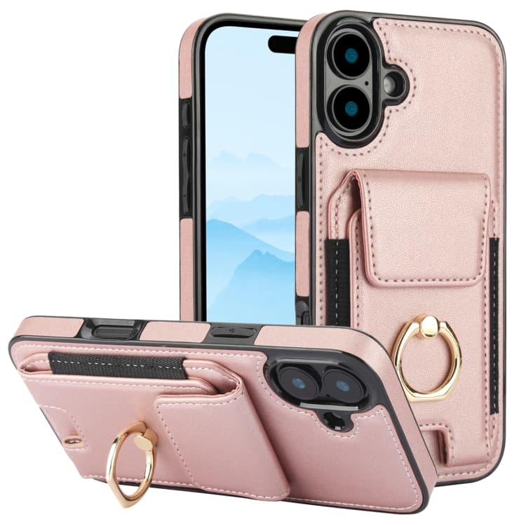 For iPhone 16 Elastic Card Bag Ring Holder Phone Case(Rose Gold) - Immagine 1