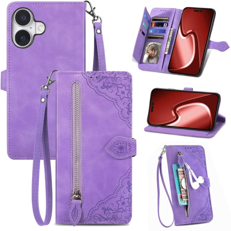 For iPhone 16 Embossed Flower Zipper Leather Phone Case(Purple) - Immagine 1