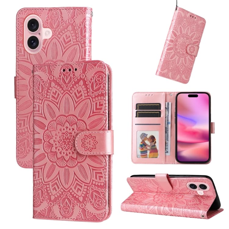 Fodero per iPhone 16 in pelle con girasole in rilievo (Rosa) - Immagine 1
