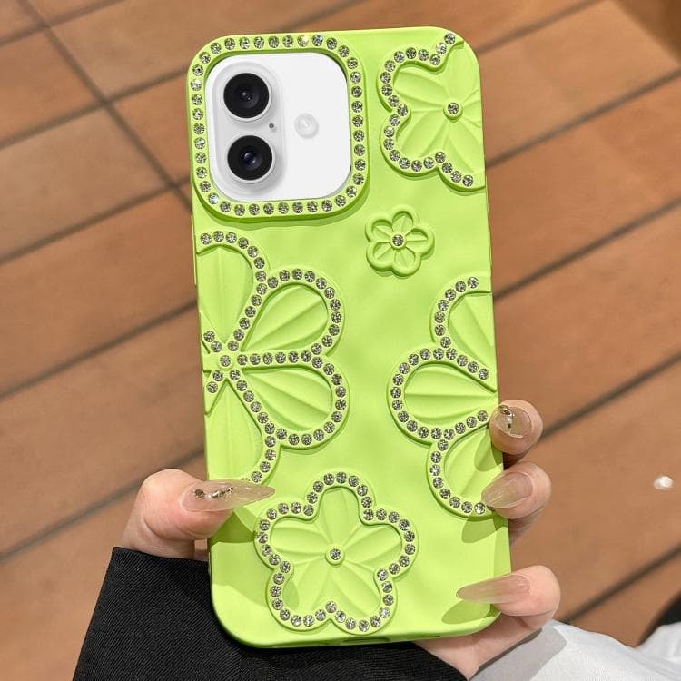 For iPhone 16 Flower Crystal Diamond TPU Phone Case(Green) - Immagine 1