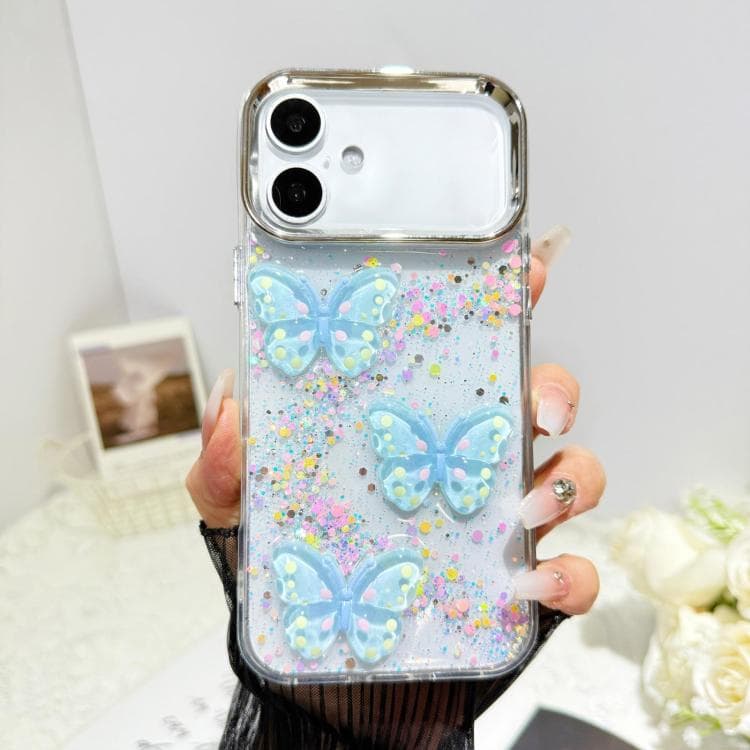 For iPhone 16 Glitter 3D Butterfly Epoxy Resin Phone Case(Blue) - Immagine 1