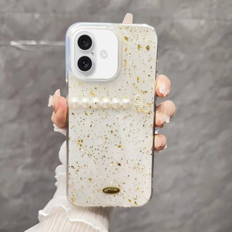 For iPhone 16 Gold Foil Pearl Bow TPU Phone Case(Pearl) - Immagine 1