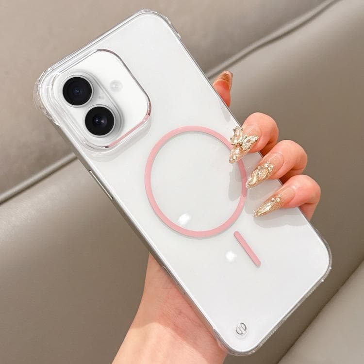 For iPhone 16 Half Frame Transparent PC MagSafe Phone Case(Pink) - Immagine 1