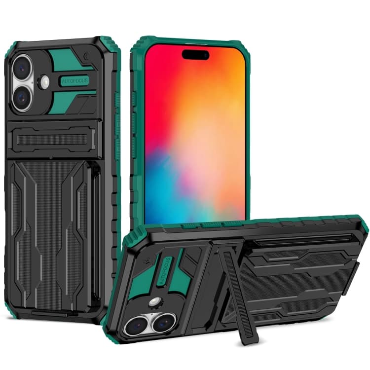 For iPhone 16 Kickstand Armor Card Wallet Phone Case(Deep Green) - Immagine 1
