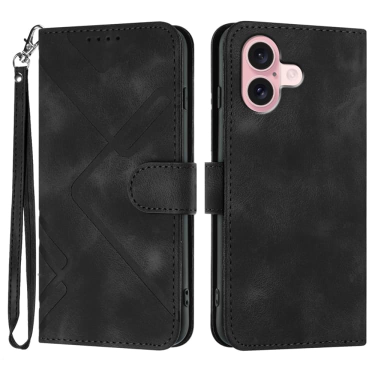 For iPhone 16 Line Pattern Skin Feel Leather Phone Case(Black)