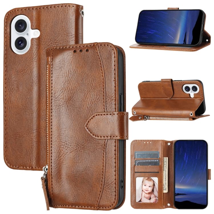 For iPhone 16 Oil Skin Zipper Wallet Leather Phone Case(Brown) - Immagine 1
