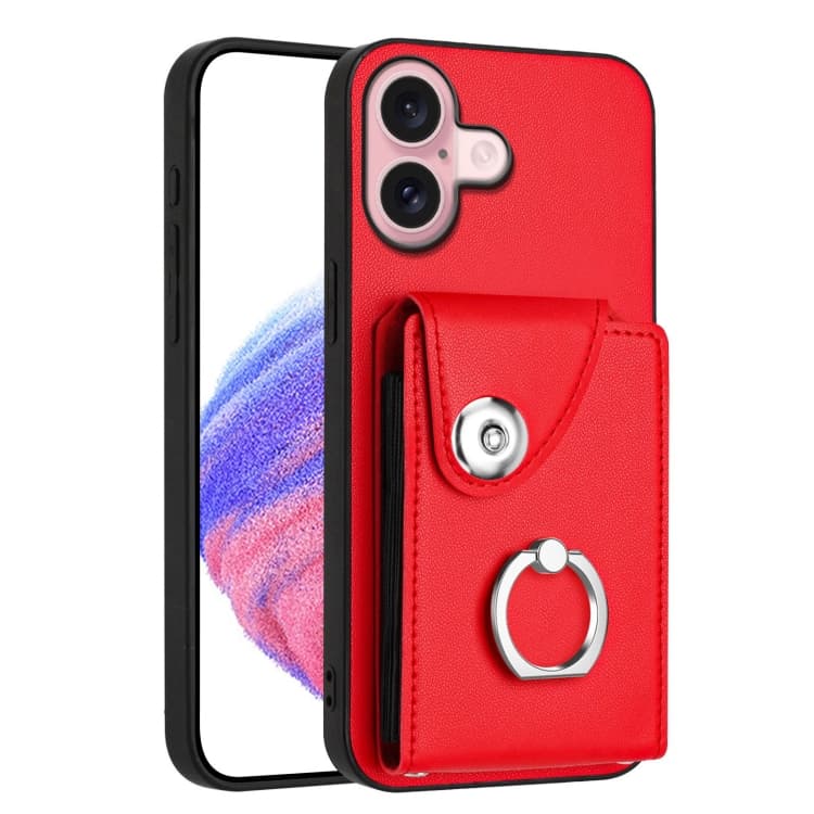 For iPhone 16 Organ Card Bag Ring Holder Phone Case(Red) - Immagine 1