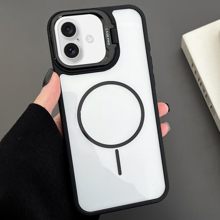 For iPhone 16 PC Lens Holder MagSafe Magnetic Phone Case(Black) - Immagine 1