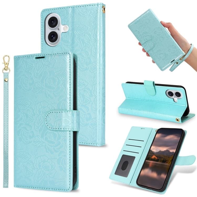 For iPhone 16 Peony Flowers Imprint Leather Phone Case(Sky Blue) - Immagine 1