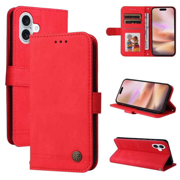 Custodia in pelle con motivo albero della vita per iPhone 16 Plus (Rosso) - Immagine 1