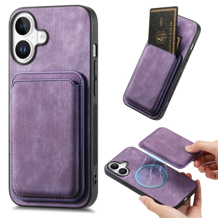 For iPhone 16 Retro Leather Card Bag Magnetic Phone Case(Purple) - Immagine 1