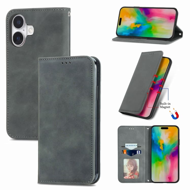 For iPhone 16 Retro Skin Feel Magnetic Leather Phone Case(Gray) - Immagine 1