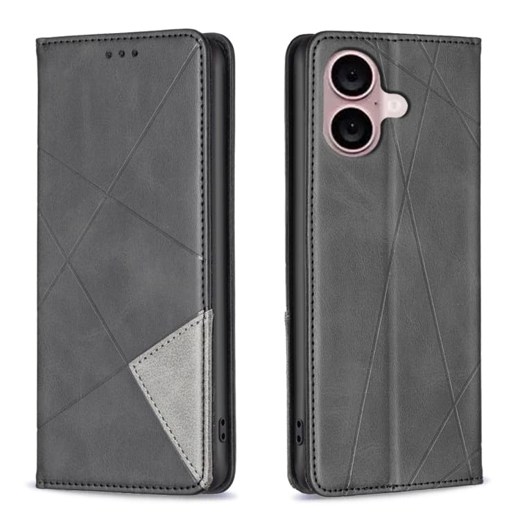 For iPhone 16 Rhombus Texture Magnetic Leather Phone Case(Black) - Immagine 1