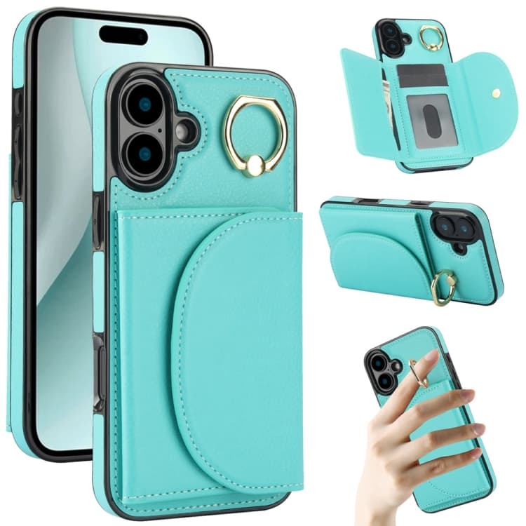 For iPhone 16 Ring Holder Card Bag Skin Feel Phone Case(Green) - Immagine 1