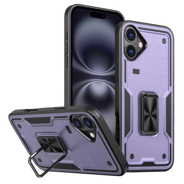 For iPhone 16 Ring Holder PC Hybrid TPU Phone Case(Purple) - Immagine 1