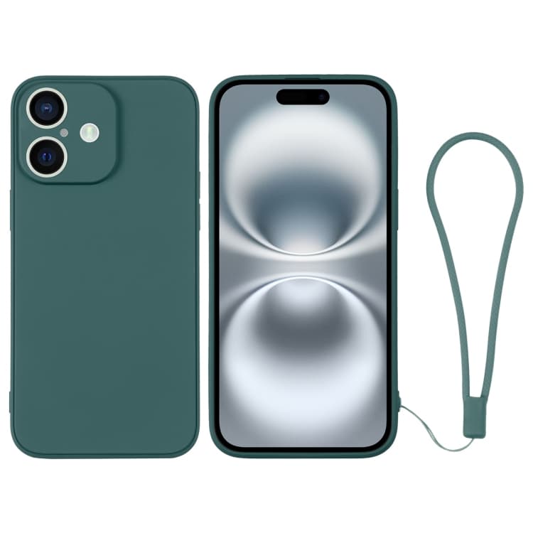 For iPhone 16 Silicone Phone Case with Wrist Strap(Deep Green) - Immagine 1
