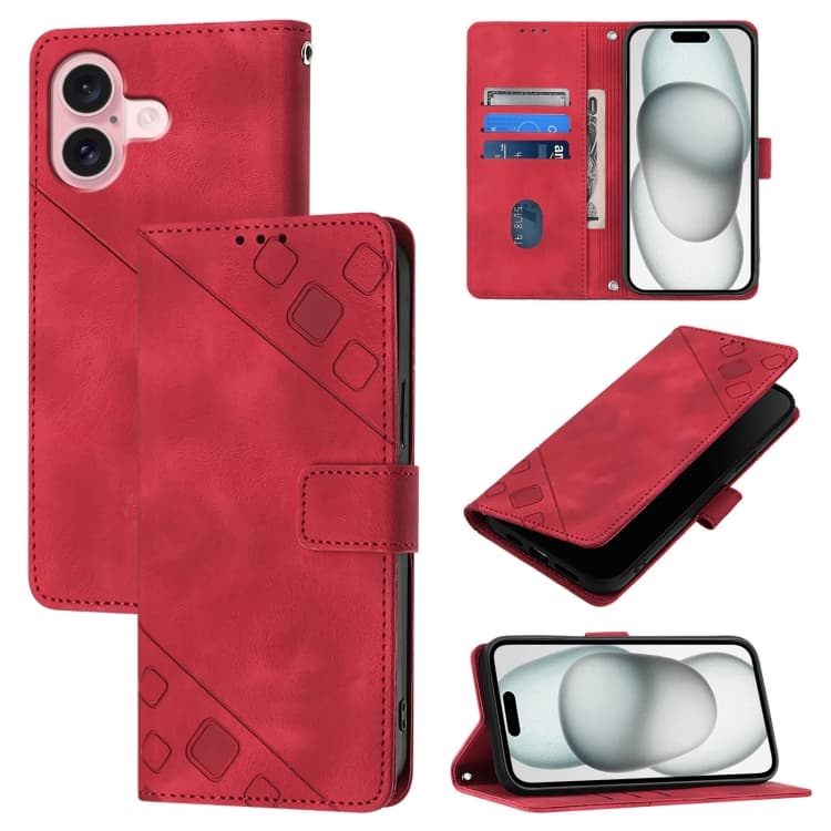 For iPhone 16 Skin-feel Embossed Leather Phone Case(Red) - Immagine 1