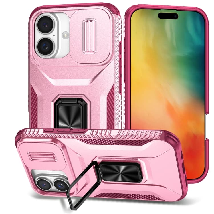 For iPhone 16 Sliding Camshield Holder Phone Case(Pink + Rose Red) - Immagine 1