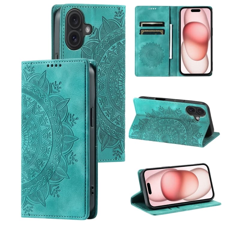 For iPhone 16 Totem Embossed Magnetic Leather Phone Case(Green) - Immagine 1