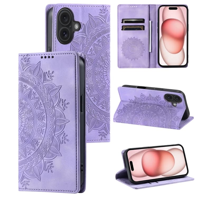 For iPhone 16 Totem Embossed Magnetic Leather Phone Case(Purple) - Immagine 1