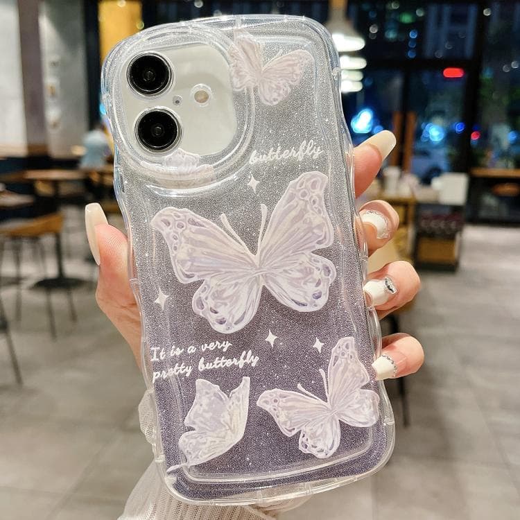 Custodia in TPU per iPhone 16 con farfalle glitterate ondulate (Viola) - Immagine 1