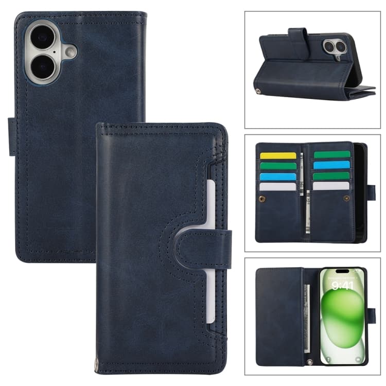For iPhone 16 Wristband Card Slot Leather Phone Case(Blue) - Immagine 1