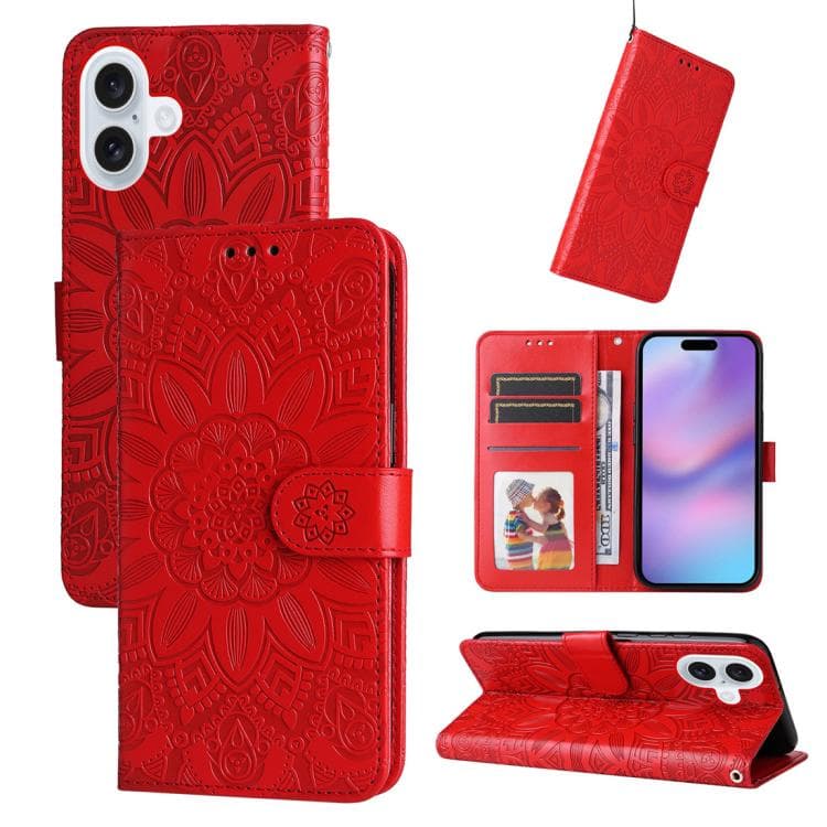 For iPhone 17 Embossed Sunflower Leather Phone Case(Red) - Immagine 1