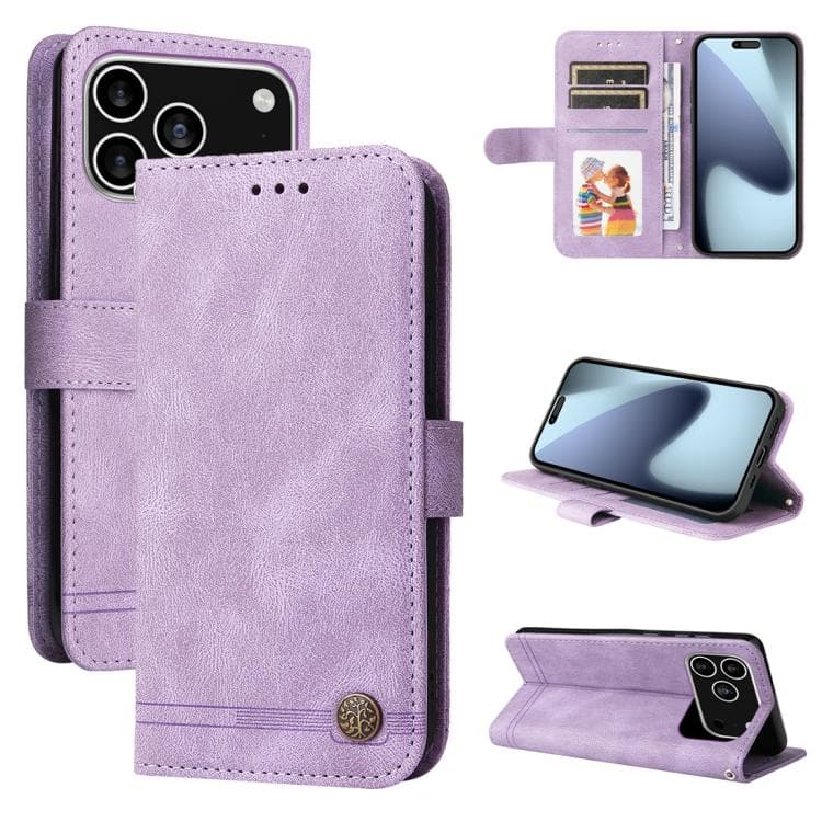 Fodero in pelle con motivo albero della vita per iPhone 17 Pro (Viola) - Immagine 1