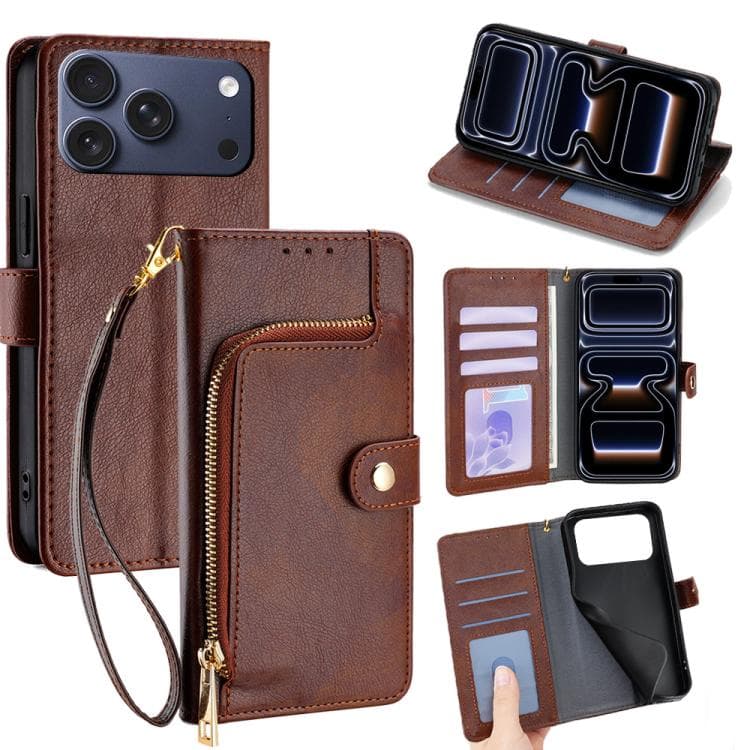 For iPhone 17 Pro Zipper Bag Leather Phone Case(Brown) - Immagine 1