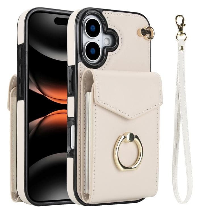 For iPhone 17 Ring Holder RFID Card Slot Phone Case(Beige) - Immagine 1