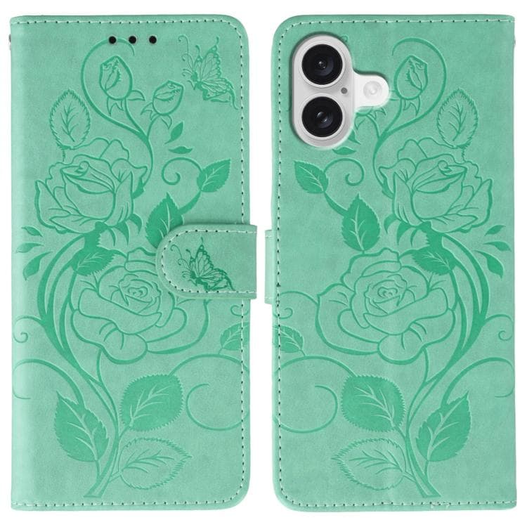 For iPhone 17 Rose Butterfly Embossed Leather Phone Case(Green) - Immagine 1