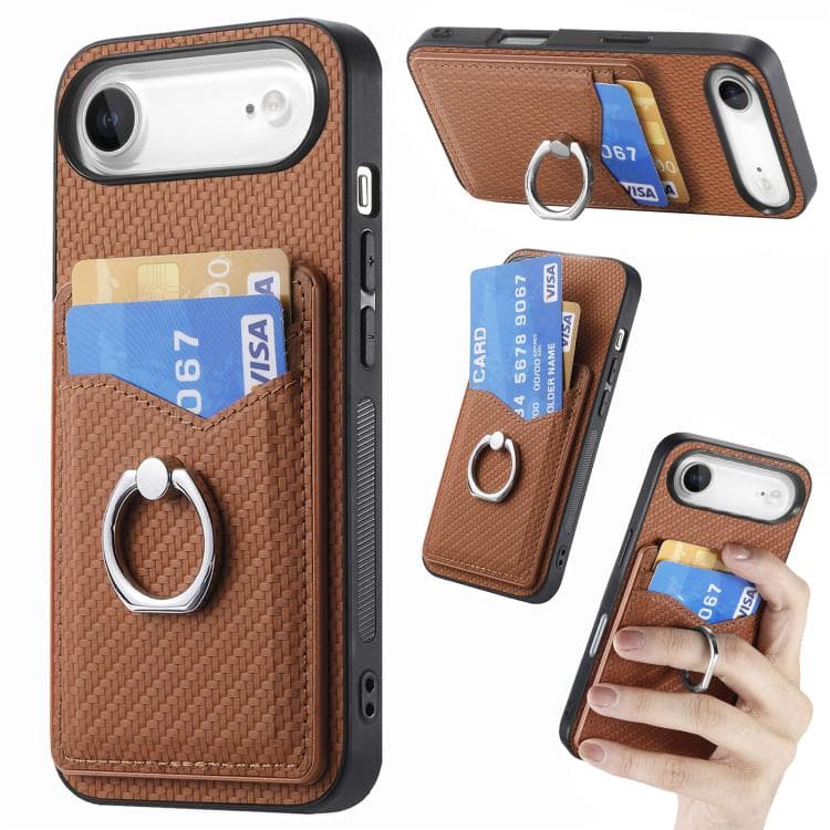 For iPhone Air Carbon Fiber Card Wallet Ring Phone Case(Brown) - Immagine 1