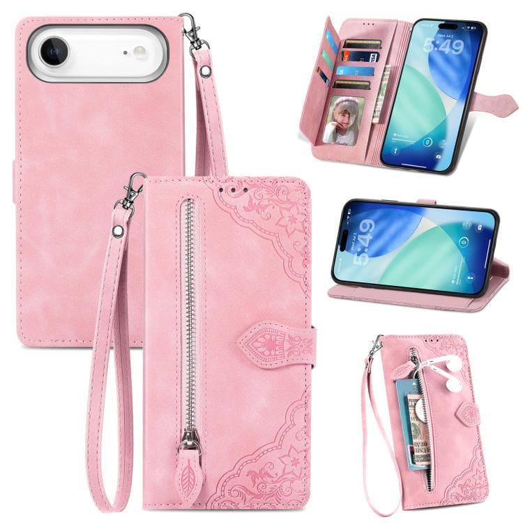 For iPhone Air Embossed Flower Zipper Leather Phone Case(Pink) - Immagine 1