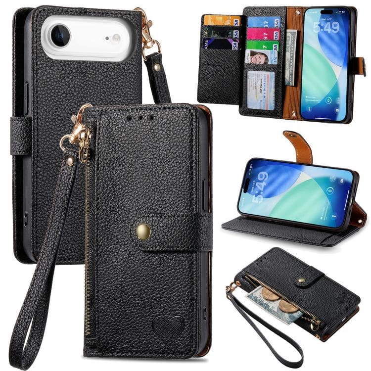 For iPhone Air Love Zipper Lanyard Leather Phone Case(Black) - Immagine 1