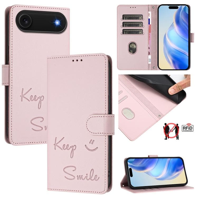 For iPhone Air Smile Embossing RFID Leather Phone Case(Pink) - Immagine 1