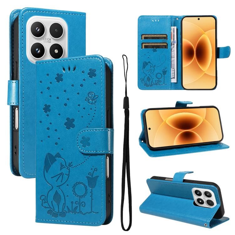 For Xiaomi 17 Cat and Bee Embossed Flip Leather Phone Case(Blue) - Immagine 1