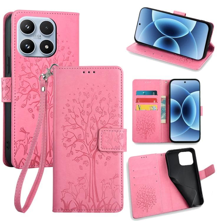 For Xiaomi 17 Tree & Deer Embossed Leather Phone Case(Pink) - Immagine 1