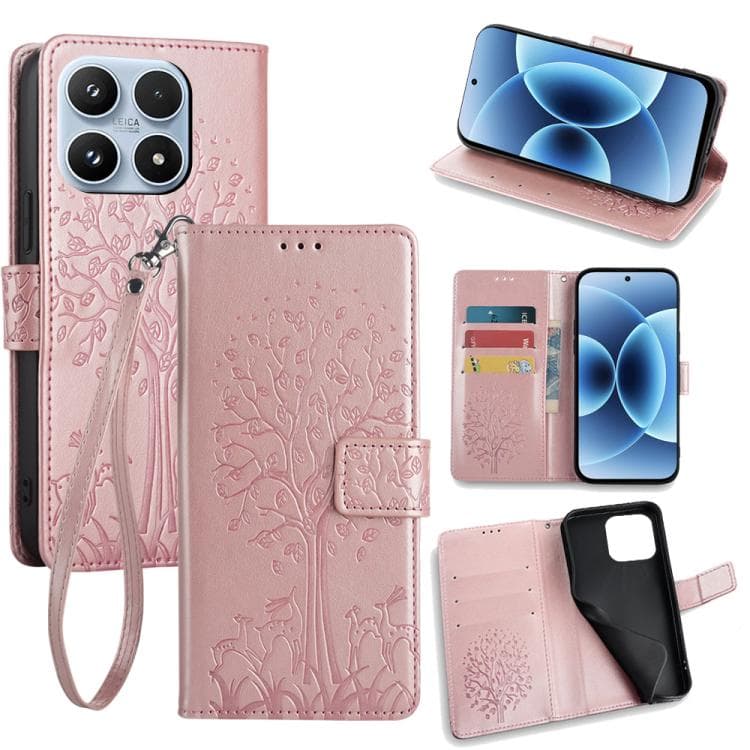 For Xiaomi 17 Tree & Deer Embossed Leather Phone Case(Rose Gold) - Immagine 1