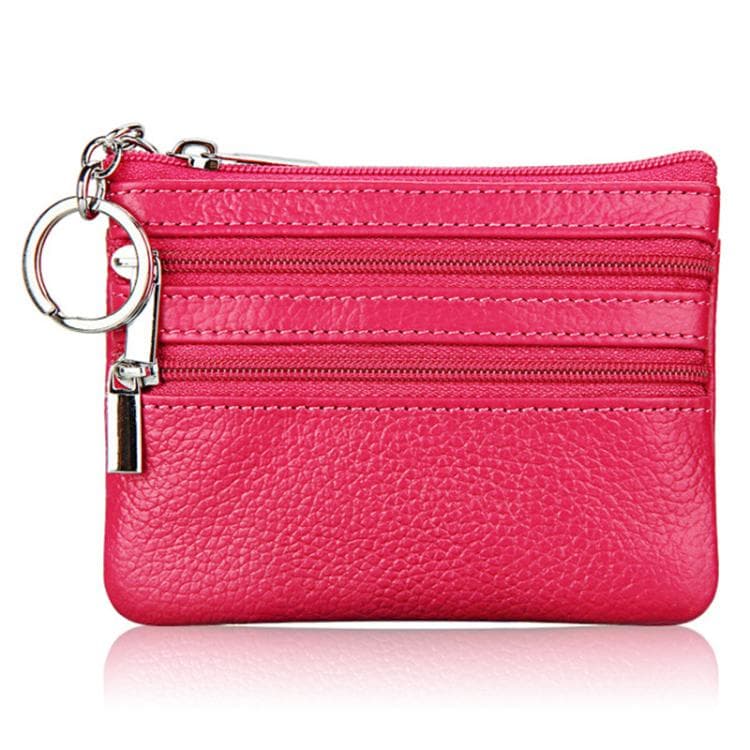Genuine Leather Double Zipper Key Coin Purse(Rose Red) - Immagine 1