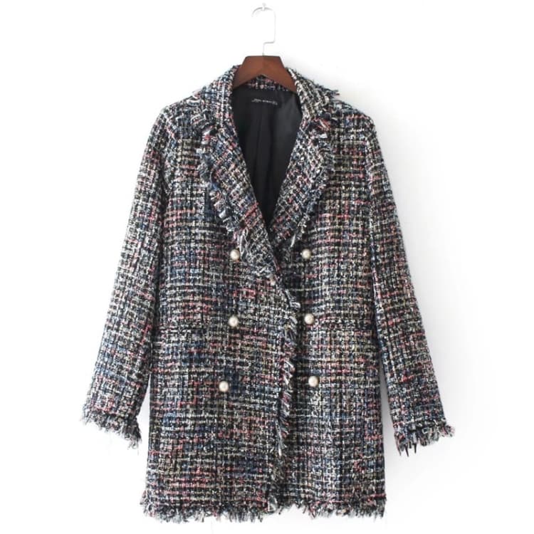 Medium Long Tweed Pearl Fringe Women Coat - Miniatura 4